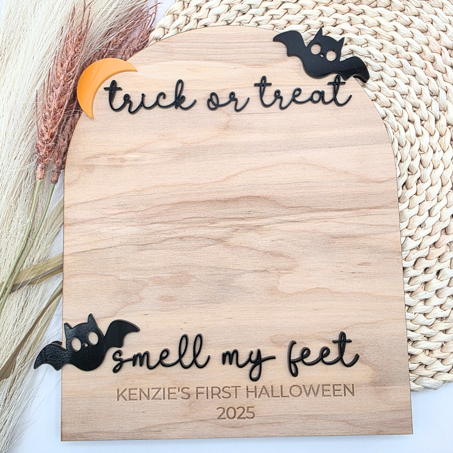 Trick or Treat, Smell My Feet - Baby Footprint Halloween Board - Personalized Bat & Moon Keepsake - DIY Halloween Memory Sign