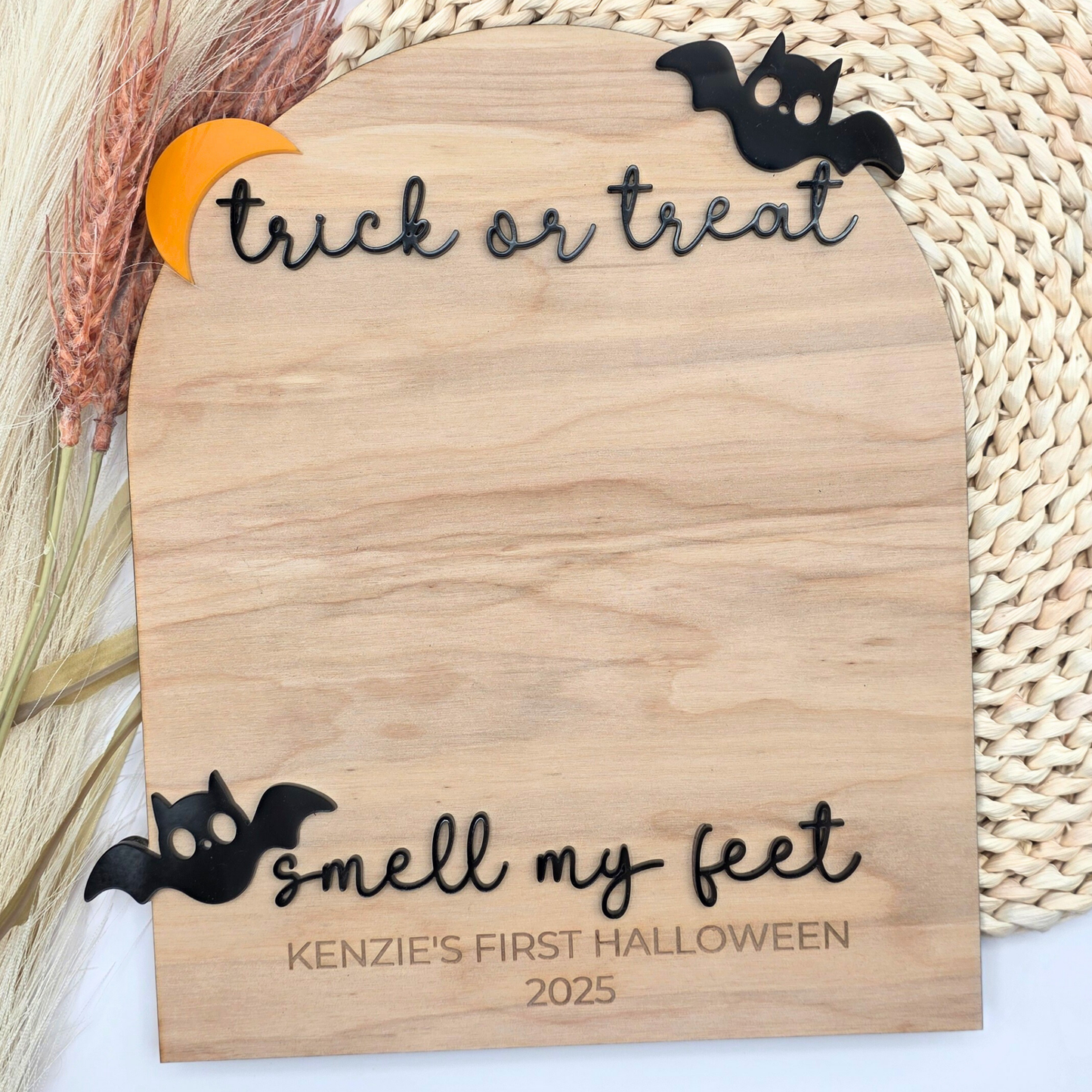 Trick or Treat, Smell My Feet - Baby Footprint Halloween Board - Personalized Bat & Moon Keepsake - DIY Halloween Memory Sign
