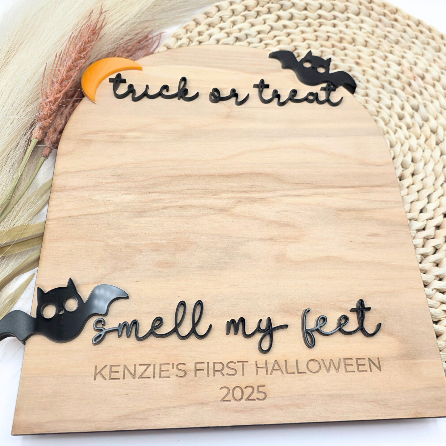 Trick or Treat, Smell My Feet - Baby Footprint Halloween Board - Personalized Bat & Moon Keepsake - DIY Halloween Memory Sign