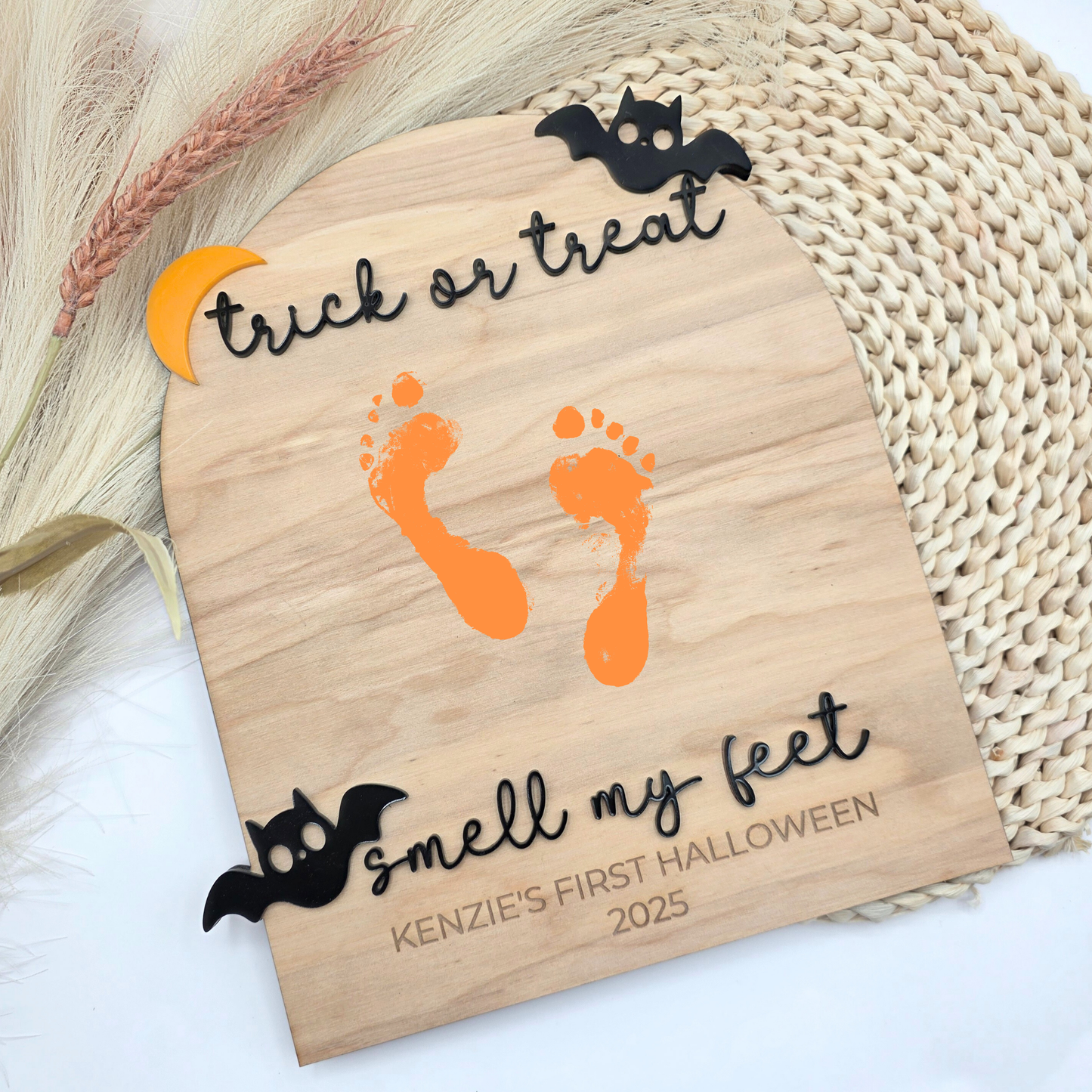 Trick or Treat, Smell My Feet - Baby Footprint Halloween Board - Personalized Bat & Moon Keepsake - DIY Halloween Memory Sign