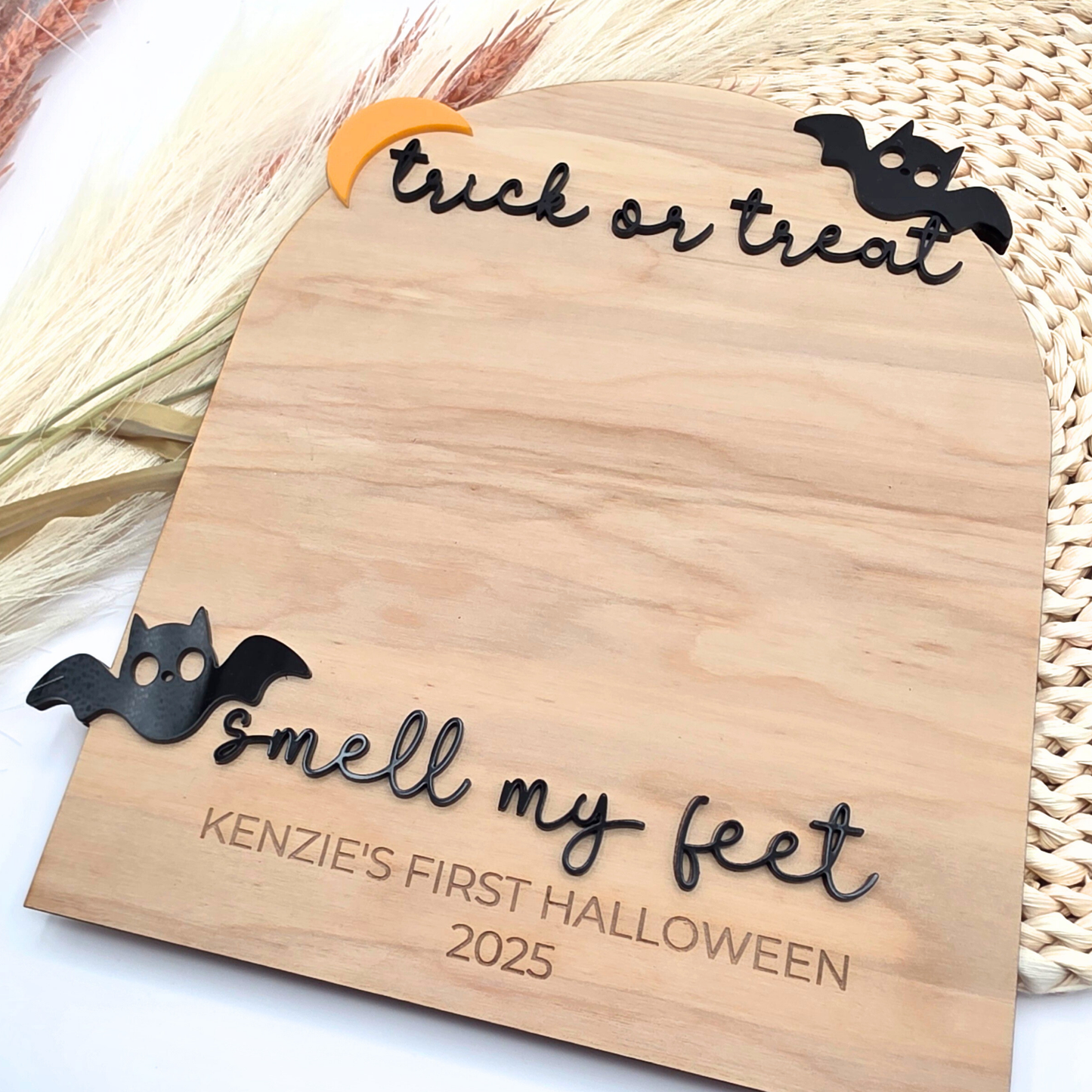 Trick or Treat, Smell My Feet - Baby Footprint Halloween Board - Personalized Bat & Moon Keepsake - DIY Halloween Memory Sign