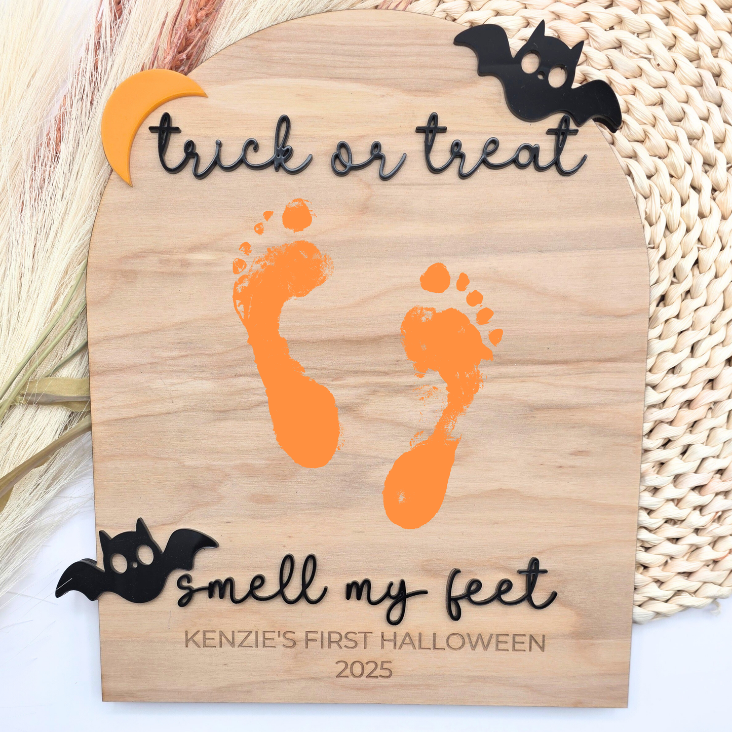 Trick or Treat, Smell My Feet - Baby Footprint Halloween Board - Personalized Bat & Moon Keepsake - DIY Halloween Memory Sign