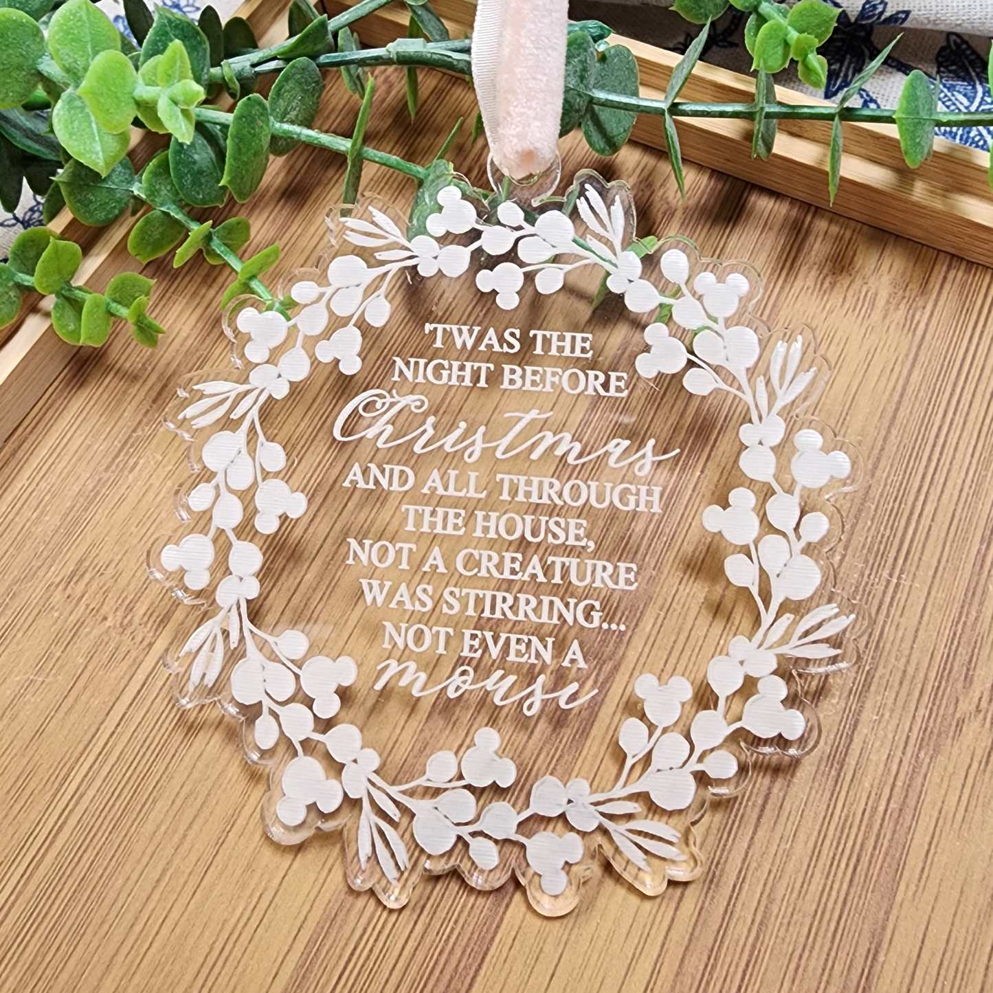 Twas the Night Before Christmas Ornament | Engraved Clear Acrylic Wreath with Hidden Mouse Heads | Holiday Keepsake Gift