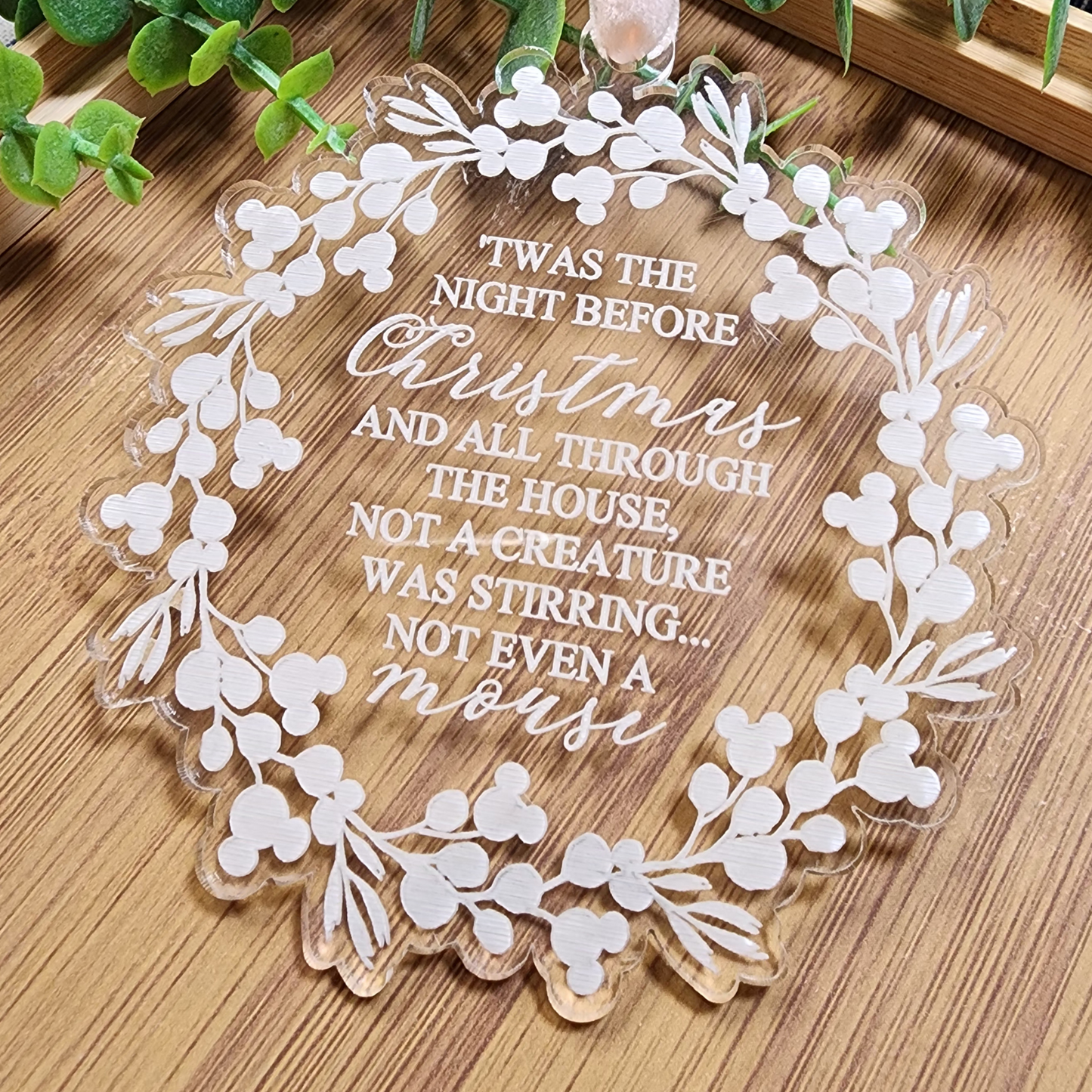 Twas the Night Before Christmas Ornament | Engraved Clear Acrylic Wreath with Hidden Mouse Heads | Holiday Keepsake Gift