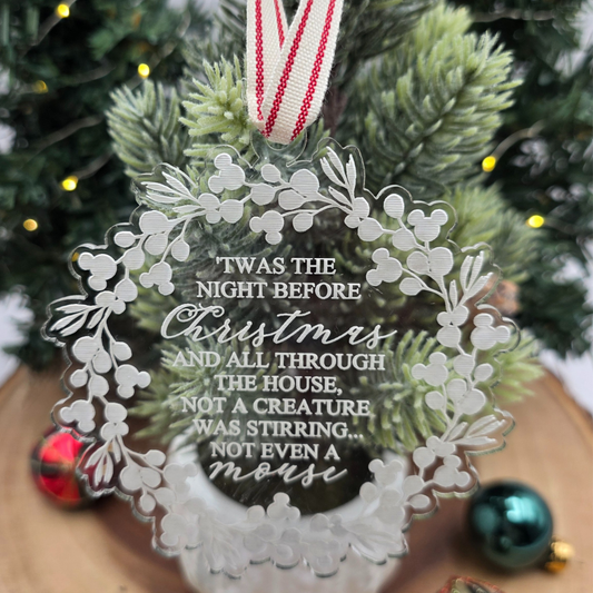Twas the Night Before Christmas Ornament | Engraved Clear Acrylic Wreath with Hidden Mouse Heads | Holiday Keepsake Gift