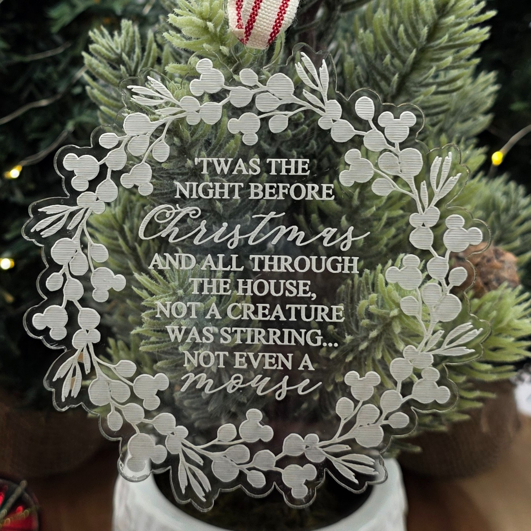 Twas the Night Before Christmas Ornament | Engraved Clear Acrylic Wreath with Hidden Mouse Heads | Holiday Keepsake Gift