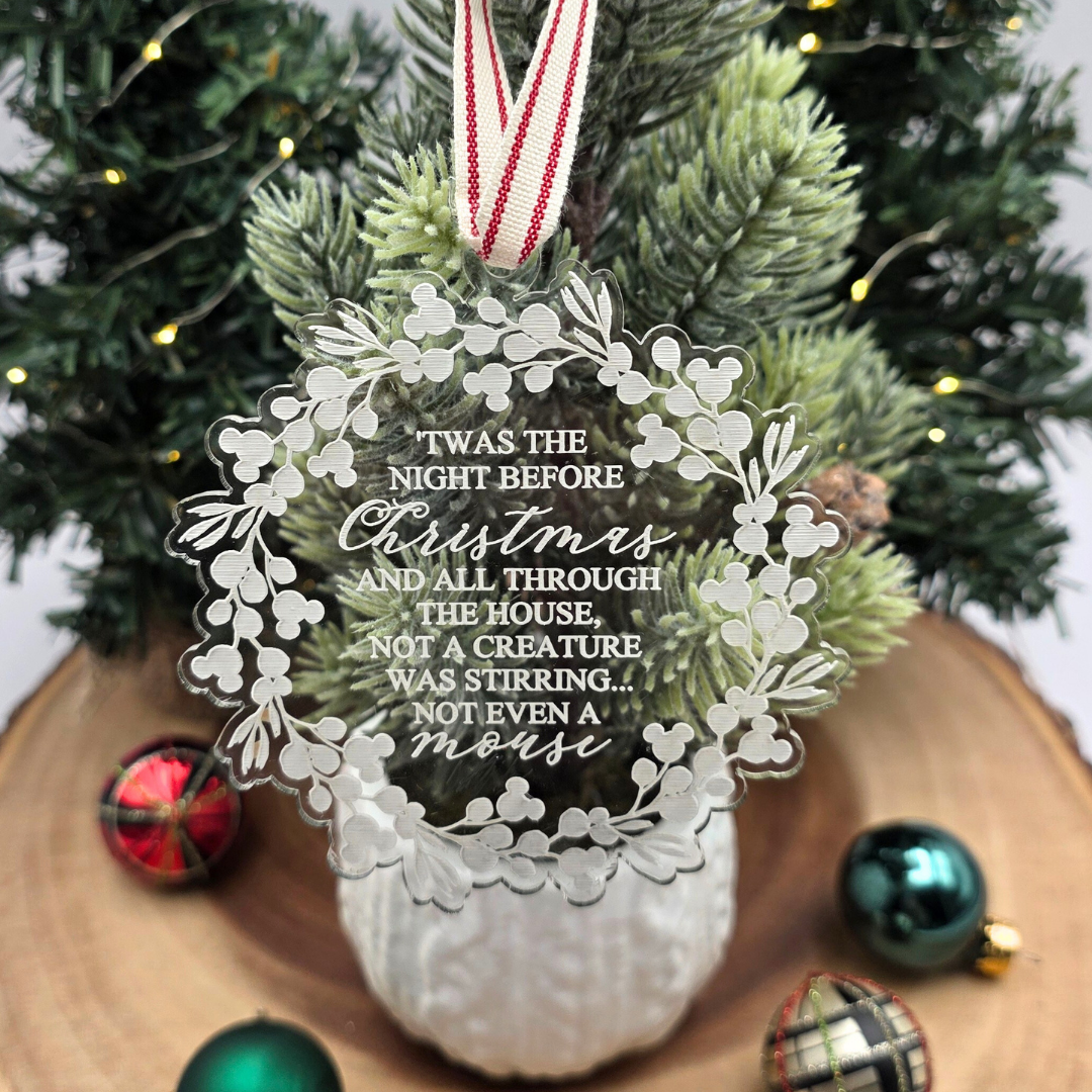 Twas the Night Before Christmas Ornament | Engraved Clear Acrylic Wreath with Hidden Mouse Heads | Holiday Keepsake Gift
