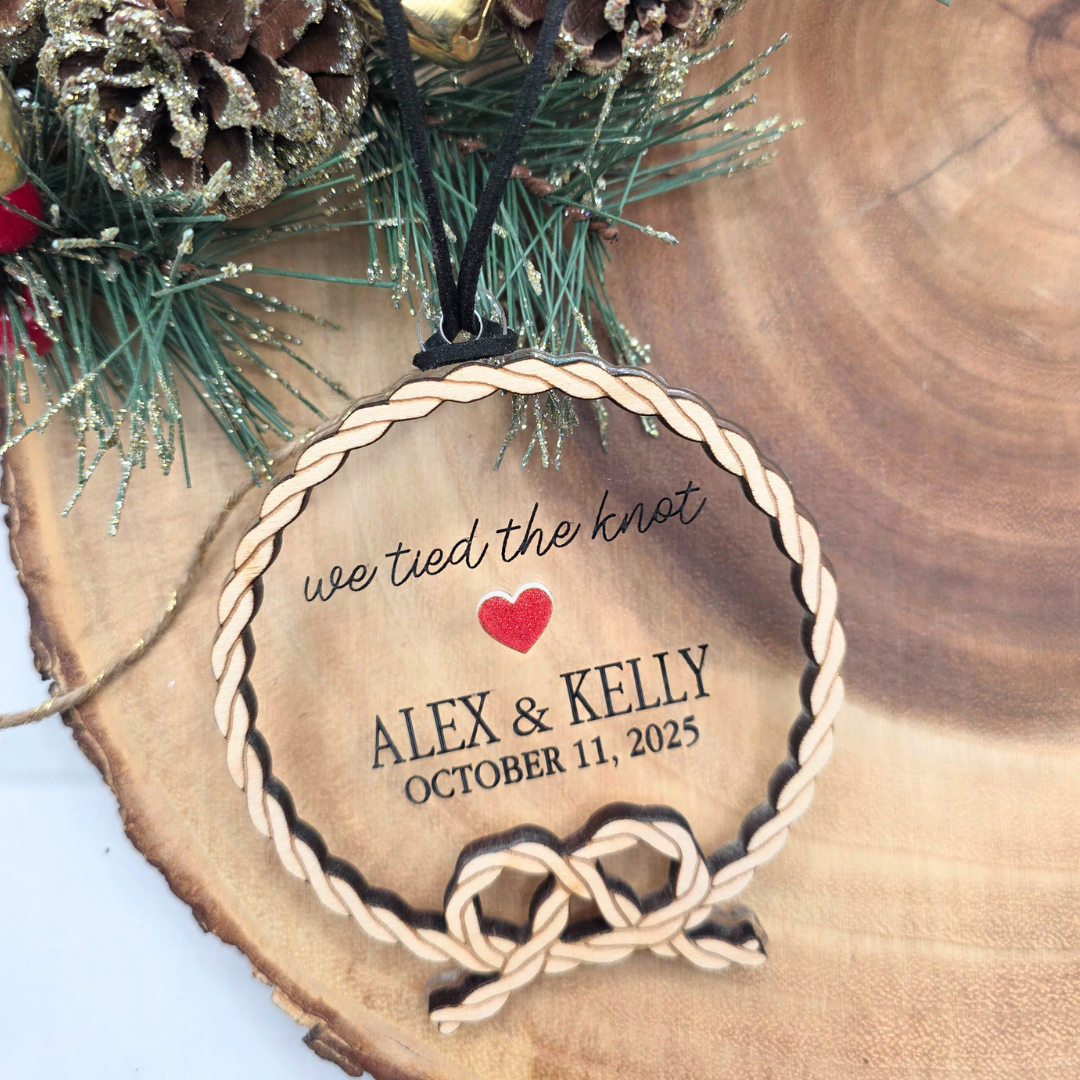 Personalized “We Tied the Knot” Ornament - Wood & Clear Acrylic Wedding Keepsake