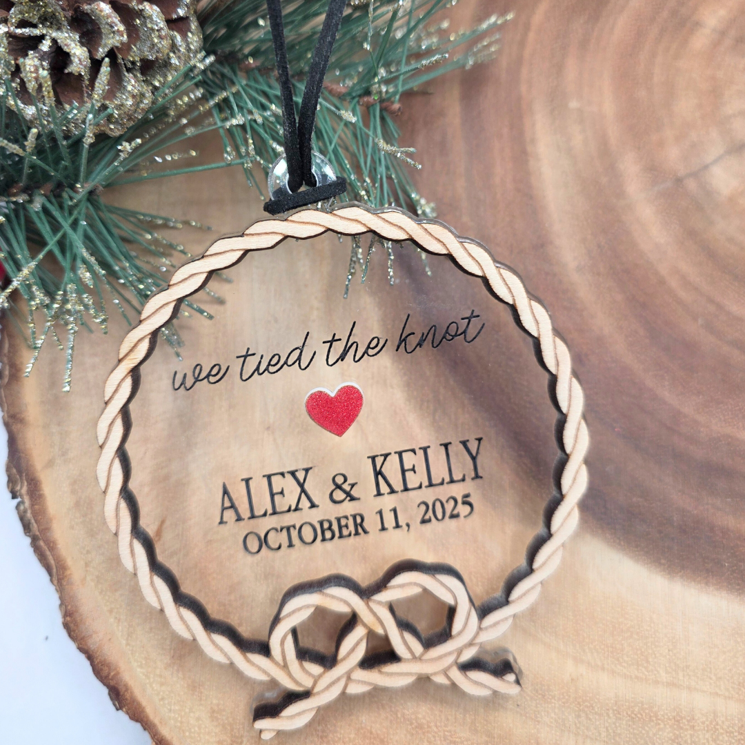 Personalized “We Tied the Knot” Ornament - Wood & Clear Acrylic Wedding Keepsake