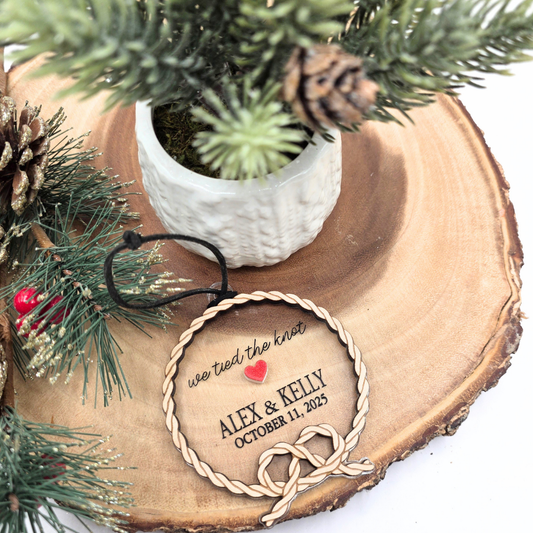 Personalized “We Tied the Knot” Ornament - Wood & Clear Acrylic Wedding Keepsake