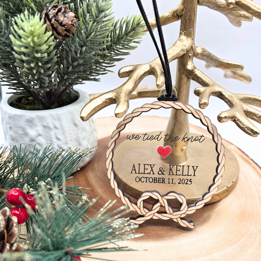 Personalized “We Tied the Knot” Ornament - Wood & Clear Acrylic Wedding Keepsake