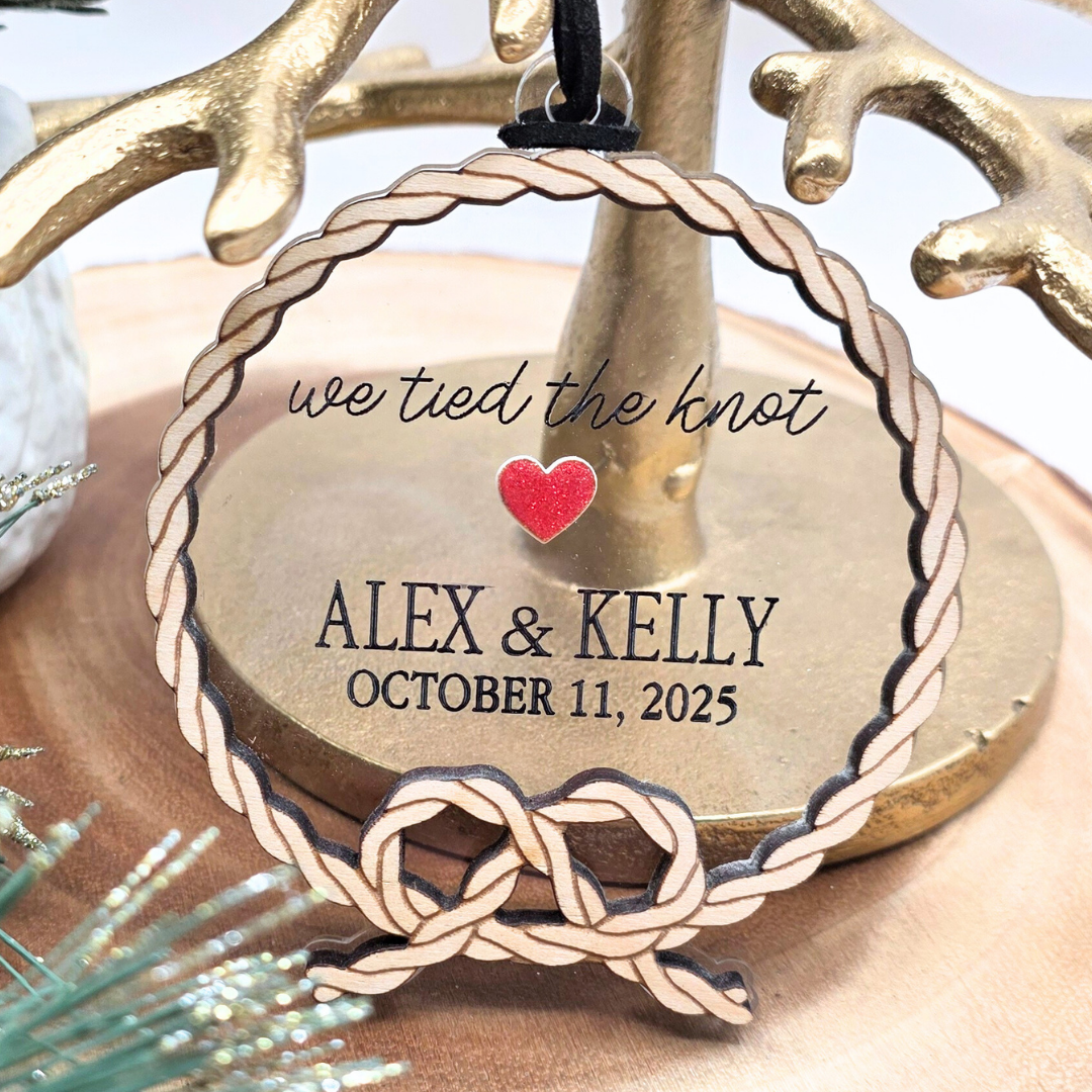 Personalized “We Tied the Knot” Ornament - Wood & Clear Acrylic Wedding Keepsake