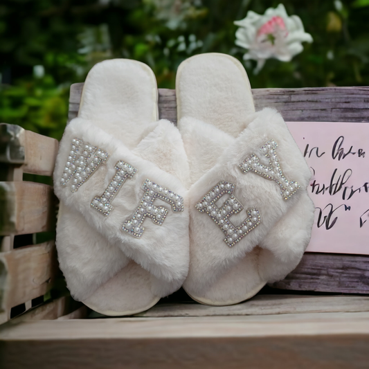 Wifey Pearl & Rhinestone Fluffy Slippers