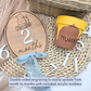 Pooh-Inspired Baby Milestone Marker - Double-Sided Birch Plaque | Acrylic Numbers | Scalloped or Oval | Blue or Yellow Ribbon