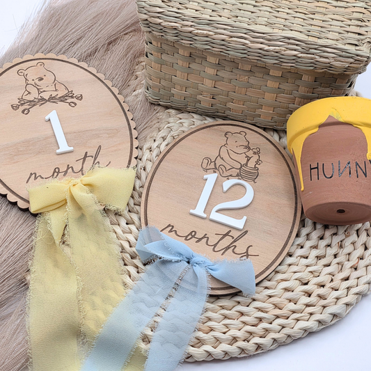 Pooh-Inspired Baby Milestone Marker - Double-Sided Birch Plaque | Acrylic Numbers | Scalloped or Oval | Blue or Yellow Ribbon