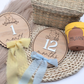 Pooh-Inspired Baby Milestone Marker - Double-Sided Birch Plaque | Acrylic Numbers | Scalloped or Oval | Blue or Yellow Ribbon