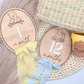 Pooh-Inspired Baby Milestone Marker - Double-Sided Birch Plaque | Acrylic Numbers | Scalloped or Oval | Blue or Yellow Ribbon