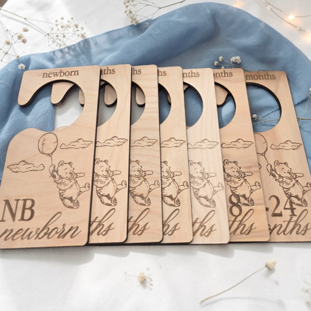 Wooden Baby Closet Dividers - Pooh Bear Balloon Engraved Nursery Organizers - Baby Shower Gift Set of 7 Hangers
