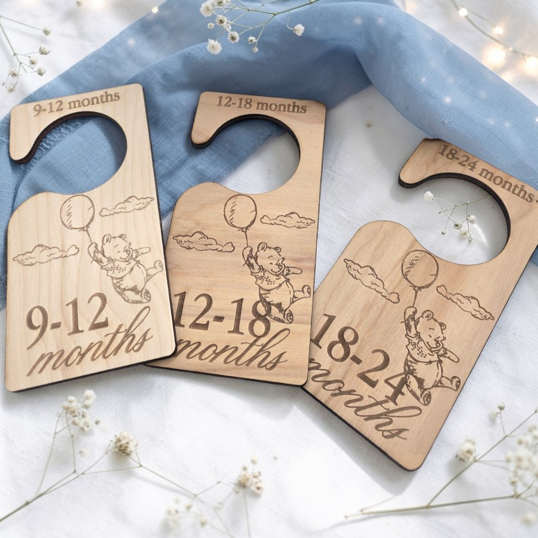 Wooden Baby Closet Dividers - Pooh Bear Balloon Engraved Nursery Organizers - Baby Shower Gift Set of 7 Hangers