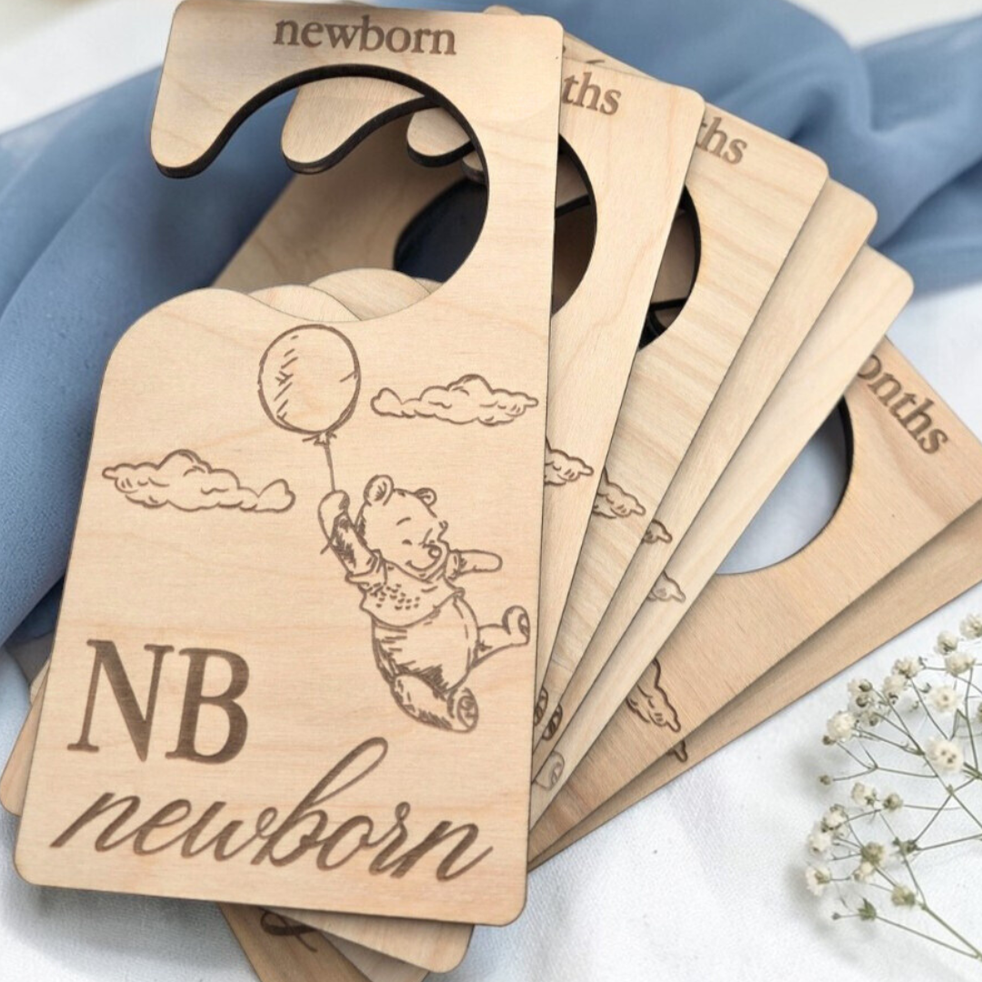 Wooden Baby Closet Dividers - Pooh Bear Balloon Engraved Nursery Organizers - Baby Shower Gift Set of 7 Hangers