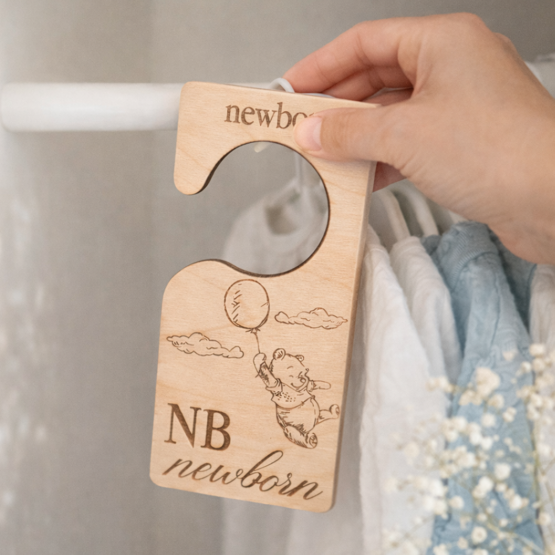 Wooden Baby Closet Dividers - Pooh Bear Balloon Engraved Nursery Organizers - Baby Shower Gift Set of 7 Hangers