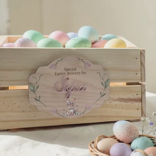 Storybook Flower Crown Bunny Easter Crate Plaque  - Personalized Vintage Sign Heirloom Easter Decor