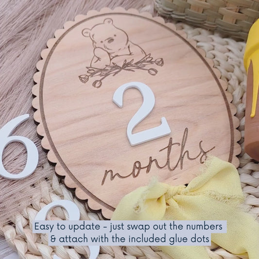 Pooh-Inspired Baby Milestone Marker - Double-Sided Birch Plaque | Acrylic Numbers | Scalloped or Oval | Blue or Yellow Ribbon