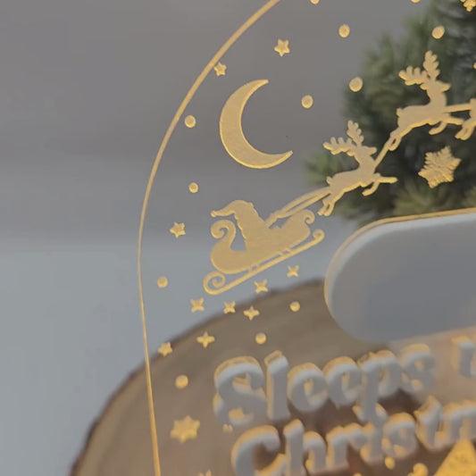 Reusable Light Up Christmas Countdown - Engraved Acrylic LED Sign with Wood Base - “Sleeps Until Christmas” Holiday Decor