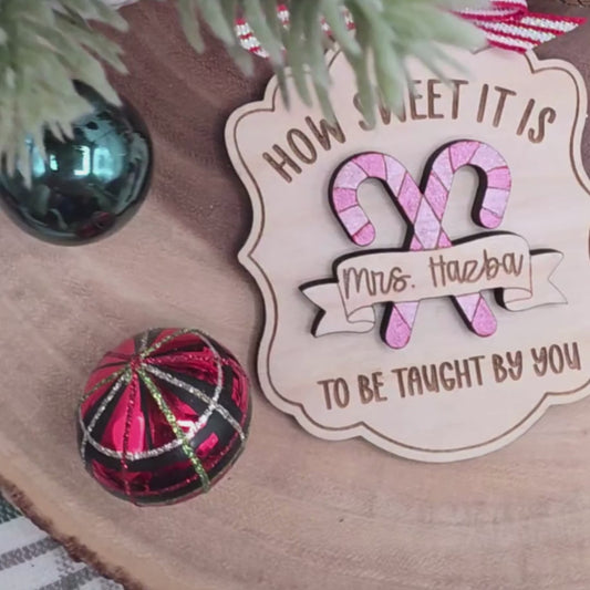 Custom Teacher Christmas Ornament - Personalized Candy Cane Wood Teacher Gift