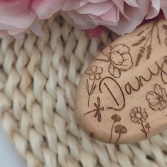 Engraved Baby Brush and Comb Set with Name - Wildflower Wooden Baby Grooming Kit - Newborn & Baby Shower Heirloom Gift