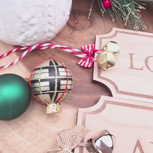 Personalized Wooden Stocking Tag with Bells & Bow | Custom Engraved Birch Name Tag | Holiday Mantle Decor