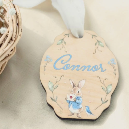 Classic Storybook Easter Basket Tag - Personalized Vintage Bunny Sign Heirloom Easter Decor