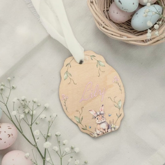 Storybook Flower Crown Bunny Easter Basket Tag - Personalized Vintage Inspired Sign Heirloom Easter Decor