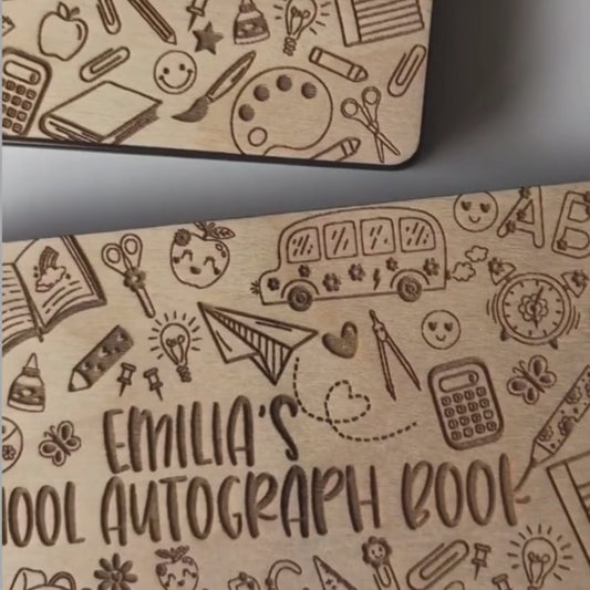 Custom Wood School Icons Autograph Book - Personalized Mini Memory Book for Kids