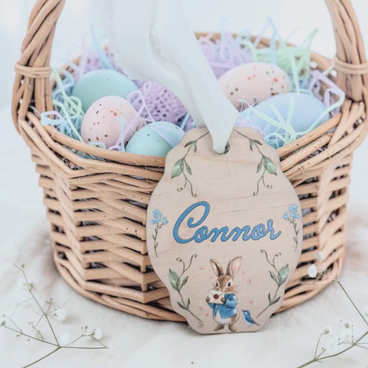 Classic Storybook Easter Basket Tag - Personalized Vintage Bunny Sign Heirloom Easter Decor